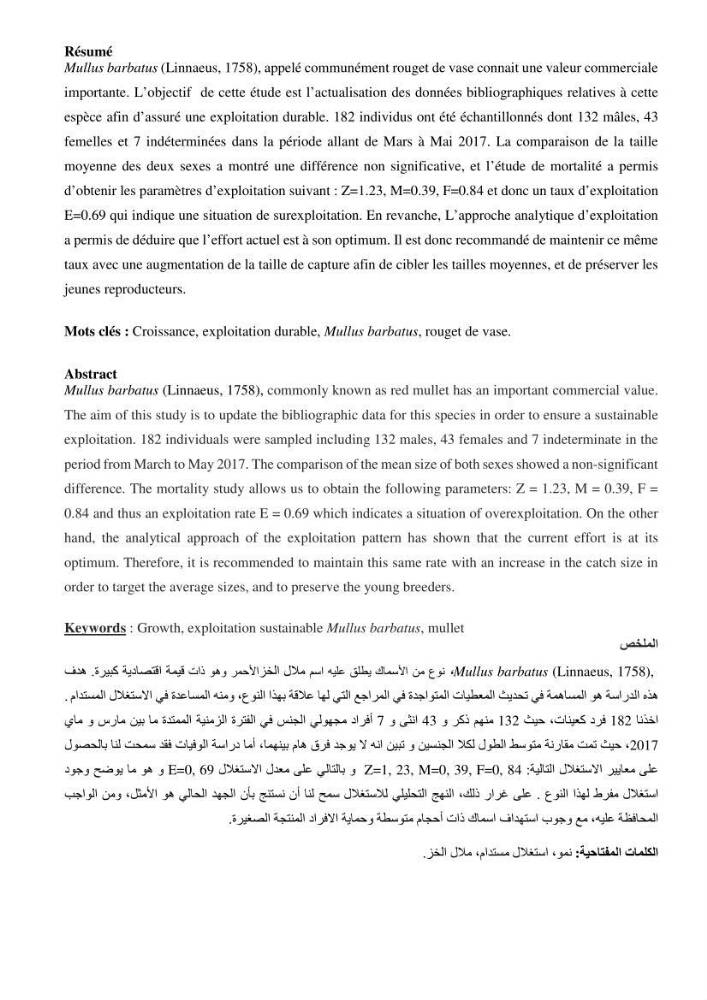 Contribution à l’étude de la croissance et l\'exploitation de Mullusbarbatus (Linné,1758) dans la baie de Bou-Ismail