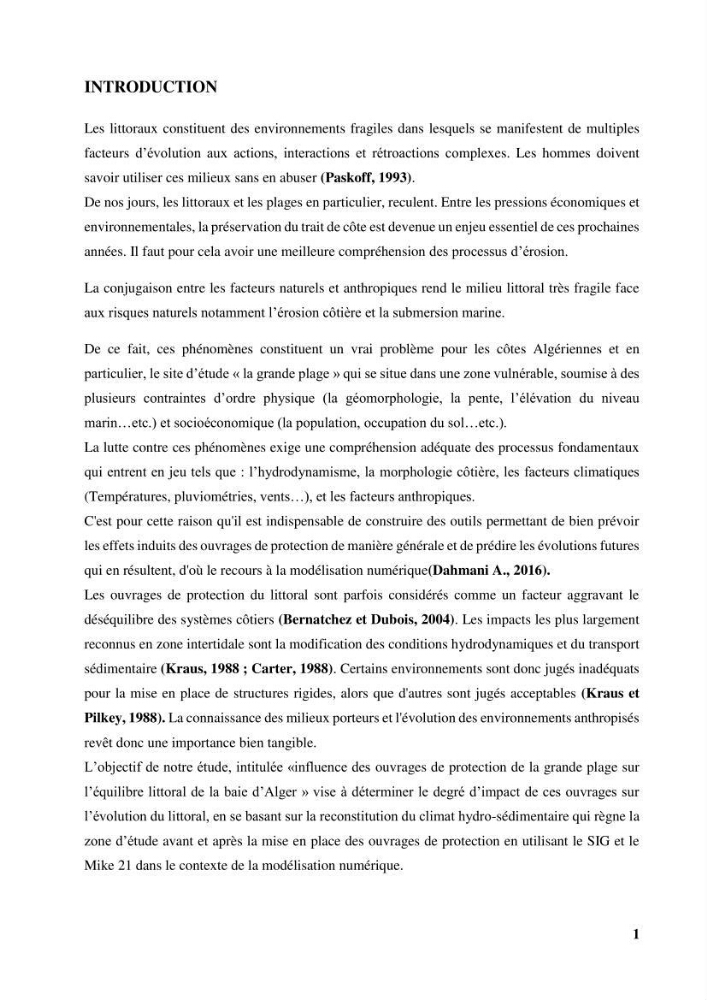 Impact des infrastructures de protection littorale sur l’évolution morphodynamique de la région centre de la baie d’Alger « site des Sablettes : la grande plage »: