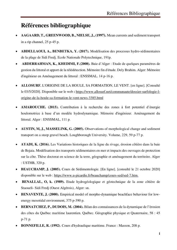 Impact des infrastructures de protection littorale sur l’évolution morphodynamique de la région centre de la baie d’Alger « site des Sablettes : la grande plage »:
