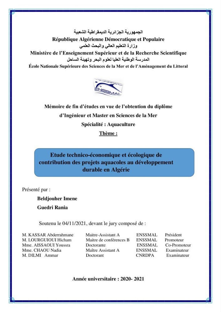 Etude Technico-économique et écologique de contribution des projets aqucoles au dévloppment durable en Algérie