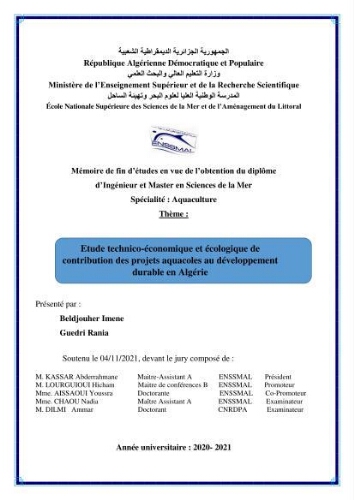 Etude Technico-économique et écologique de contribution des projets aqucoles au dévloppment durable en Algérie Etude Technico-économique et écologique de contribution des projets aqucoles au dévloppment durable en Algérie