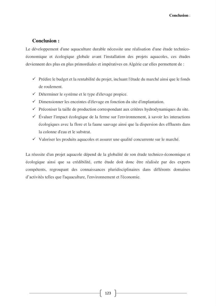 Etude Technico-économique et écologique de contribution des projets aqucoles au dévloppment durable en Algérie