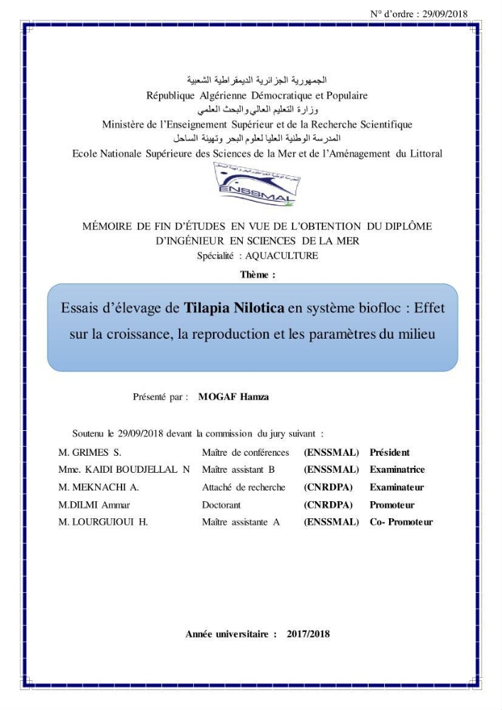 Essais d’élevage de Tilapia Nilotica en système biofloc : Effet sur la croissance, la reproduction et les paramètres du milieu