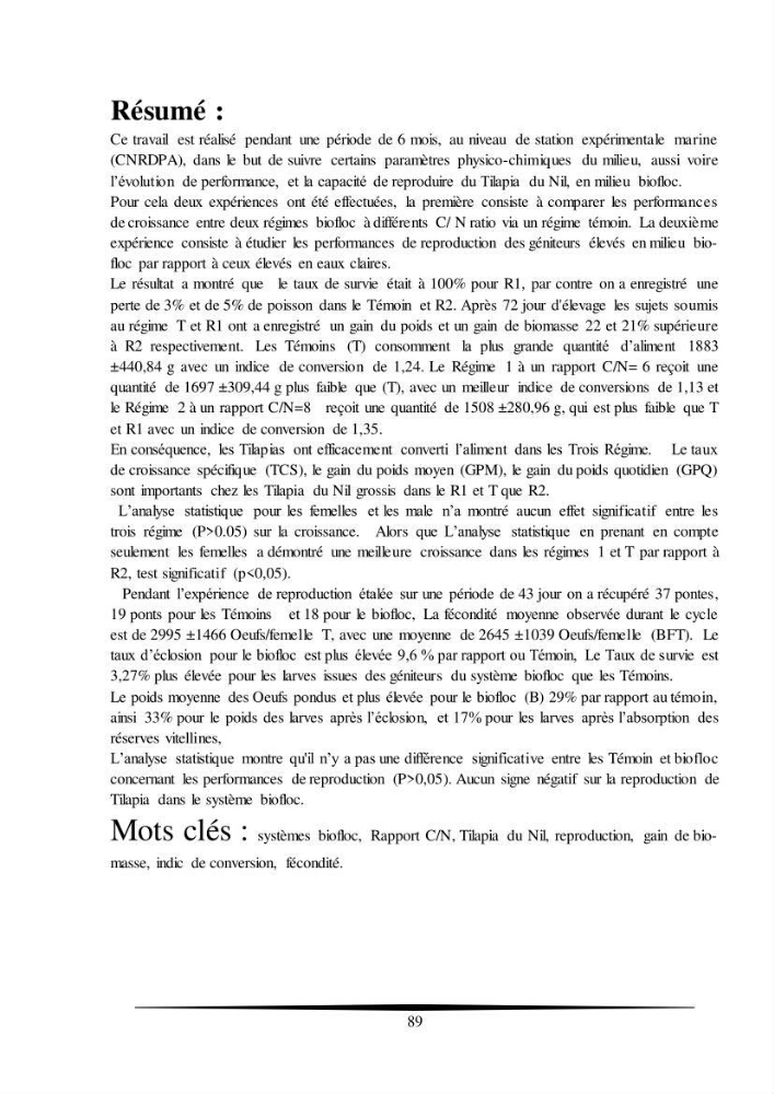 Essais d’élevage de Tilapia Nilotica en système biofloc : Effet sur la croissance, la reproduction et les paramètres du milieu