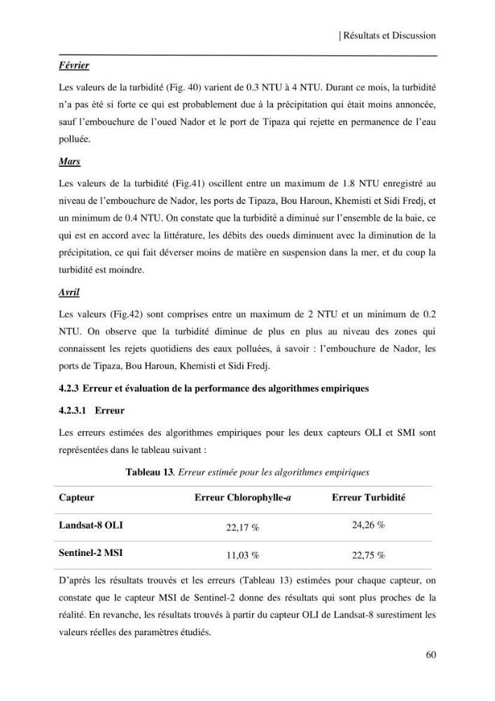 Conception des algorithmes empiriques pour l\'estimation de la chlorophylle-a et la turbidité dans la baie de Bou-Ismail