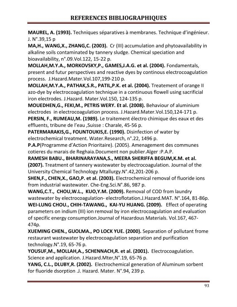Contribution a l\'évaluation du degré de pollution des eaux du lac de reghaia et proposition des procédés de traitement électrochimique et membranire :
