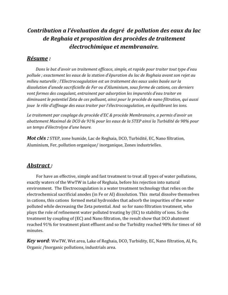 Contribution a l\'évaluation du degré de pollution des eaux du lac de reghaia et proposition des procédés de traitement électrochimique et membranire :