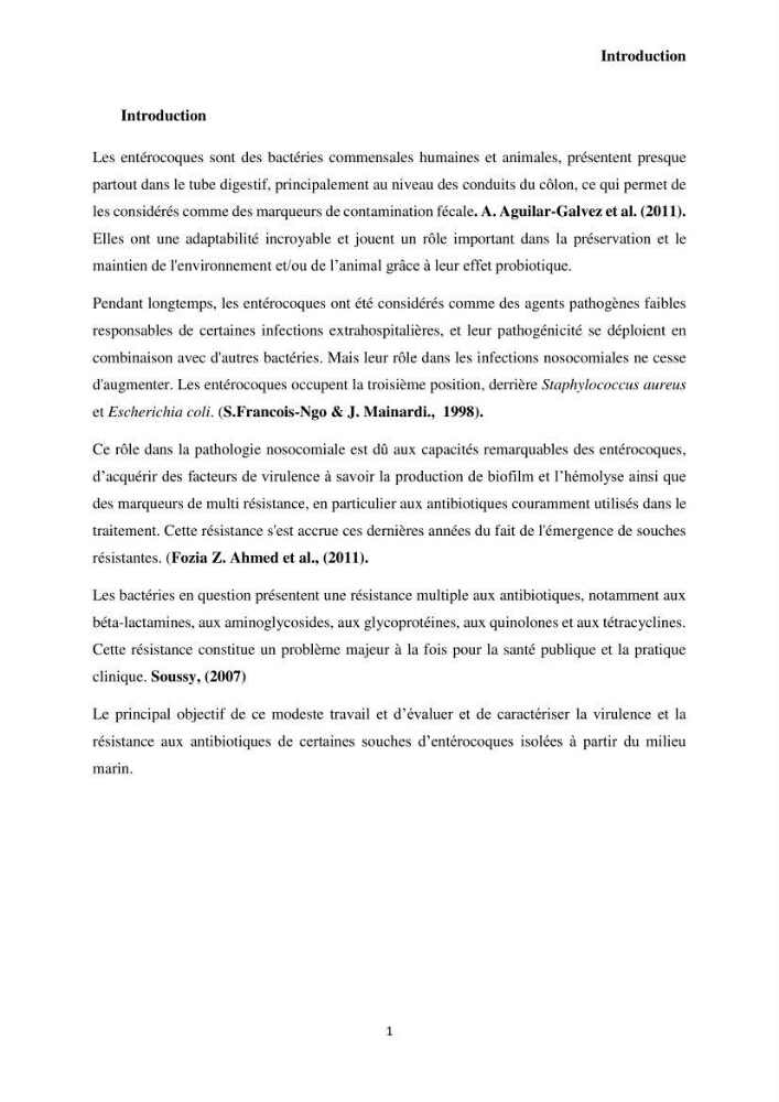 Caractérisation et évaluation de la virulence et de la résistance aux antibiotiques chez les entérocoques isolés dans le milieu marin