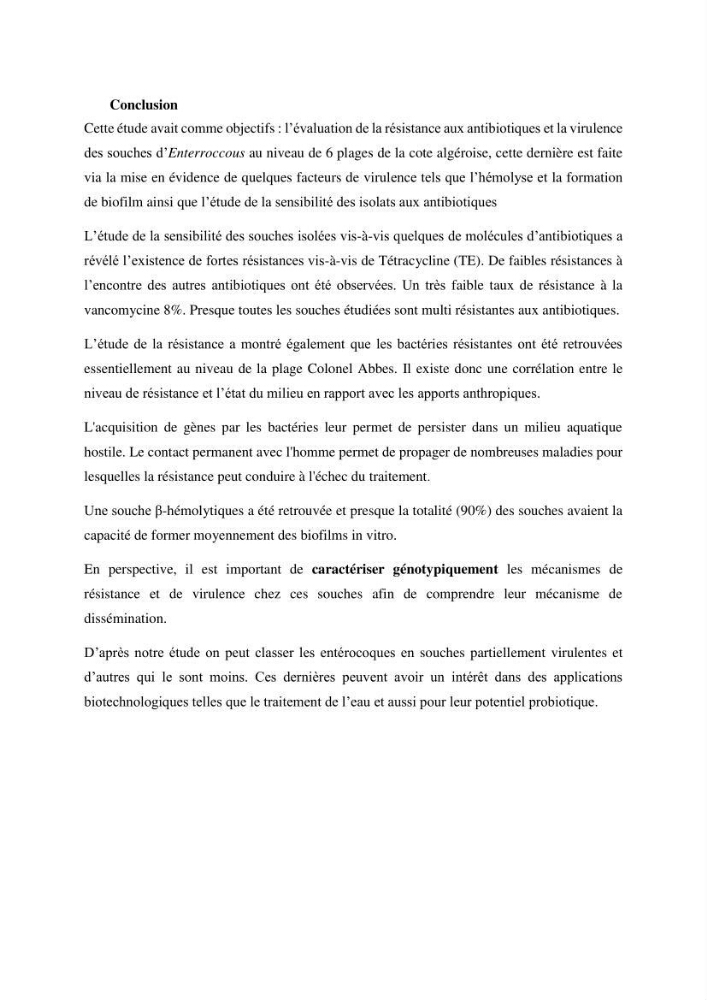 Caractérisation et évaluation de la virulence et de la résistance aux antibiotiques chez les entérocoques isolés dans le milieu marin