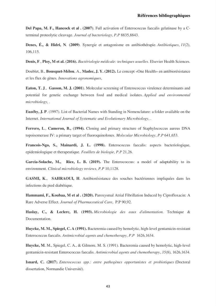 Caractérisation et évaluation de la virulence et de la résistance aux antibiotiques chez les entérocoques isolés dans le milieu marin
