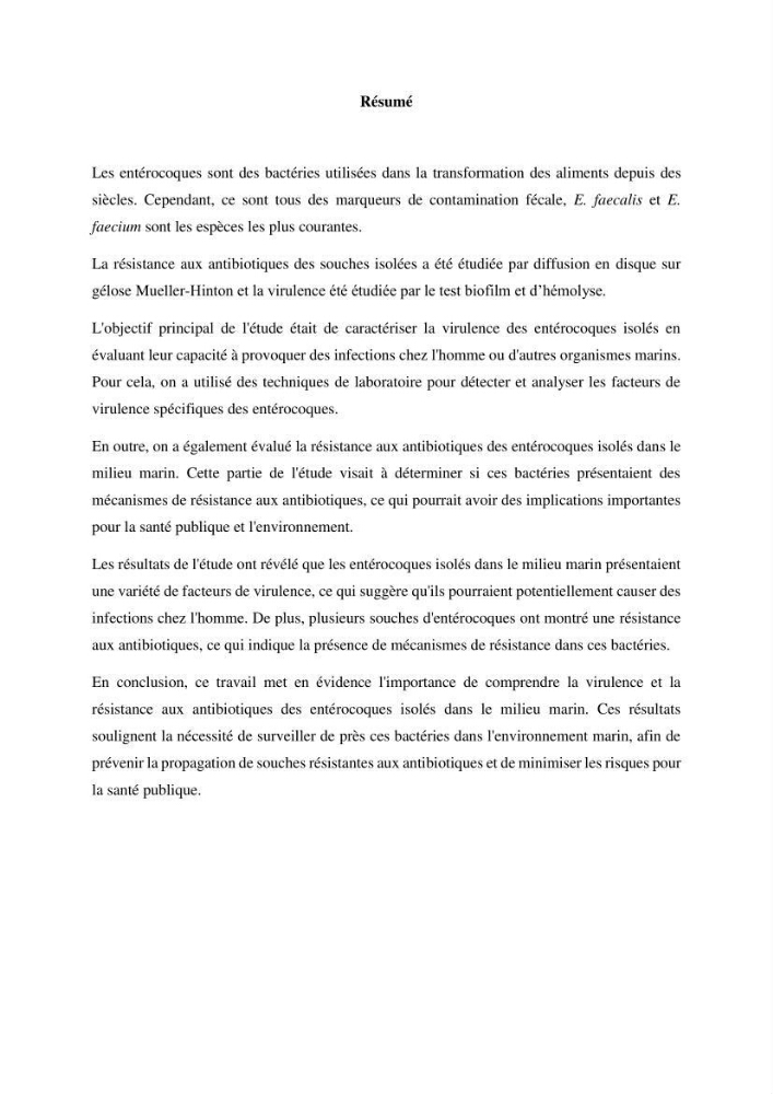 Caractérisation et évaluation de la virulence et de la résistance aux antibiotiques chez les entérocoques isolés dans le milieu marin