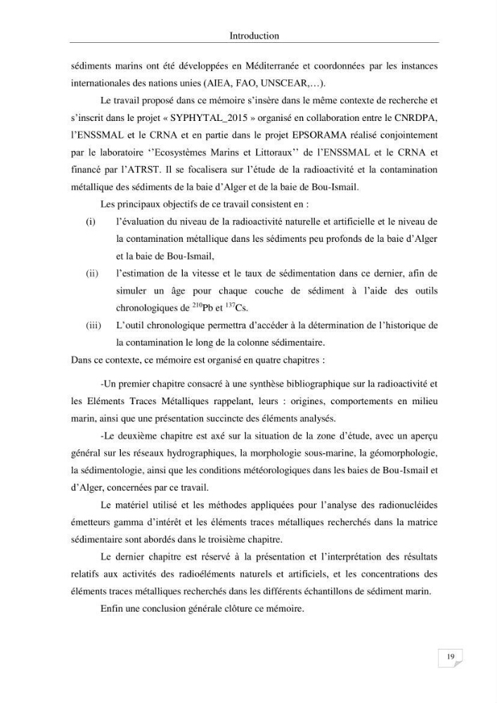 Les radioéléments et l\'historique de la contamination dans les sédiments de la côte algéroise