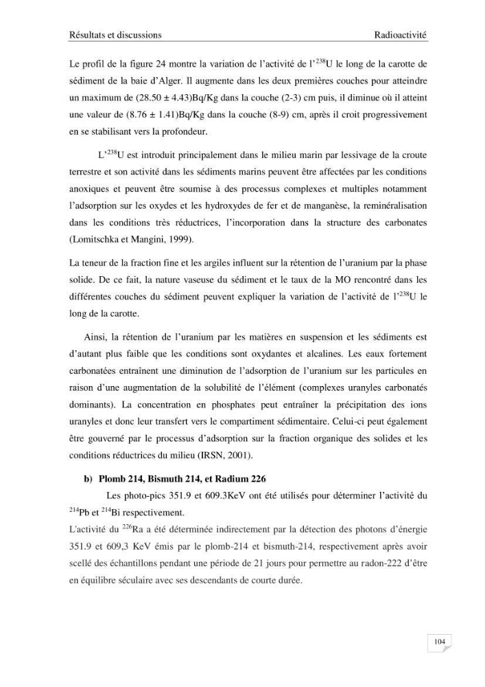 Les radioéléments et l\'historique de la contamination dans les sédiments de la côte algéroise
