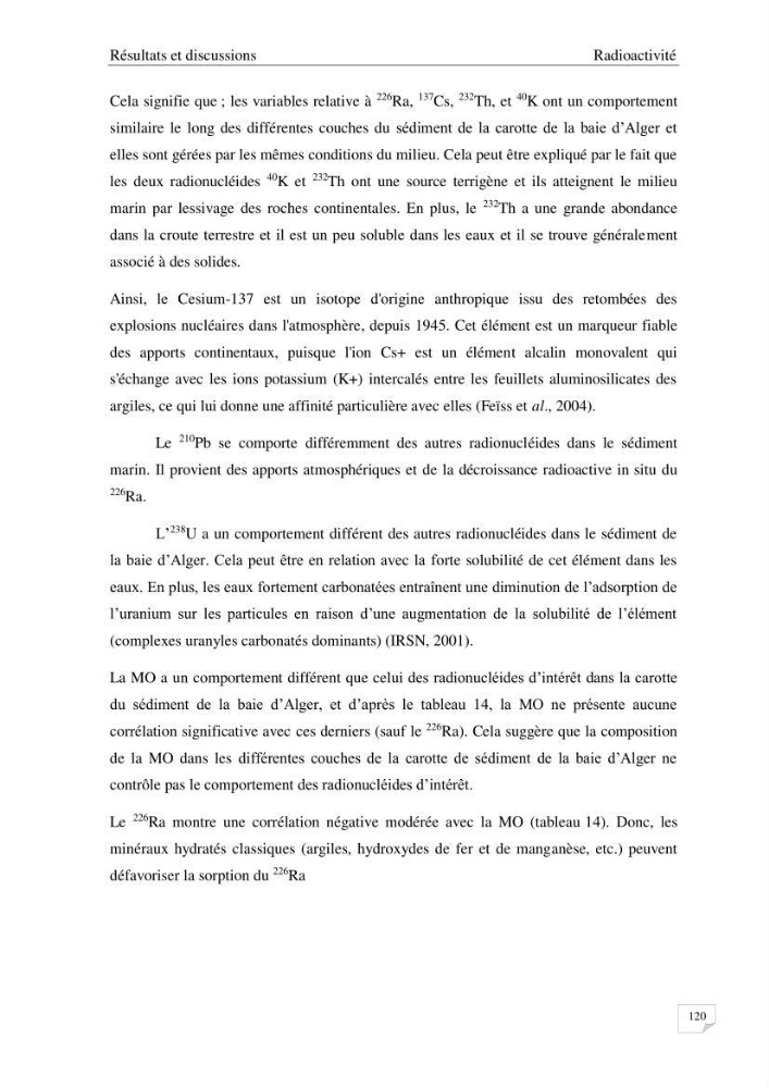 Les radioéléments et l\'historique de la contamination dans les sédiments de la côte algéroise