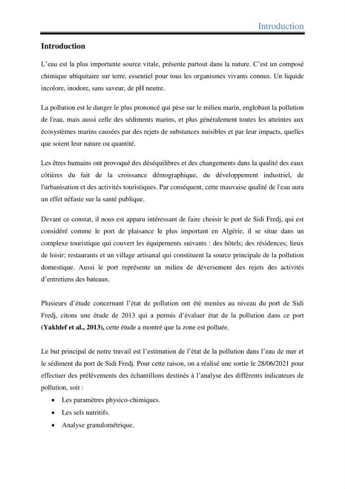 Les paramètres physico-chimiques dans l’eau de mer et les sédiments dans le port de Sidi-Fredj