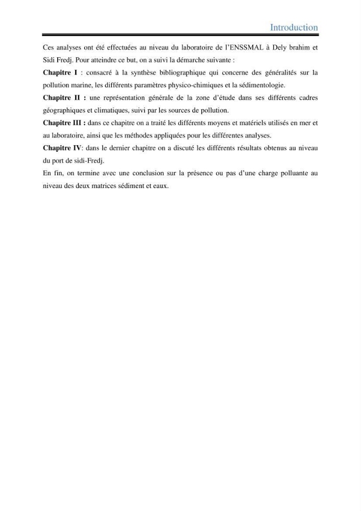Les paramètres physico-chimiques dans l’eau de mer et les sédiments dans le port de Sidi-Fredj