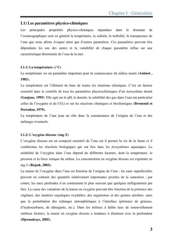 Les paramètres physico-chimiques dans l’eau de mer et les sédiments dans le port de Sidi-Fredj