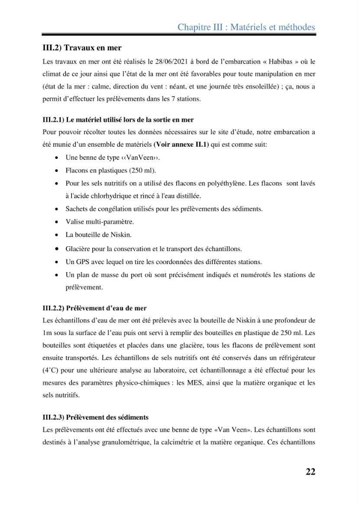 Les paramètres physico-chimiques dans l’eau de mer et les sédiments dans le port de Sidi-Fredj