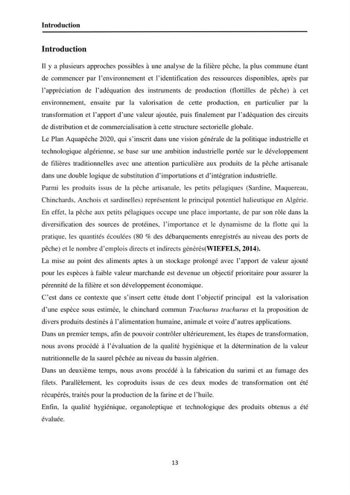 Contribution à la valorisation du Chinchard commun Trachurus trachurus ( L innée, 1758) et évaluation de la qualité organoleptique,hygiénique et nutritionnelle: