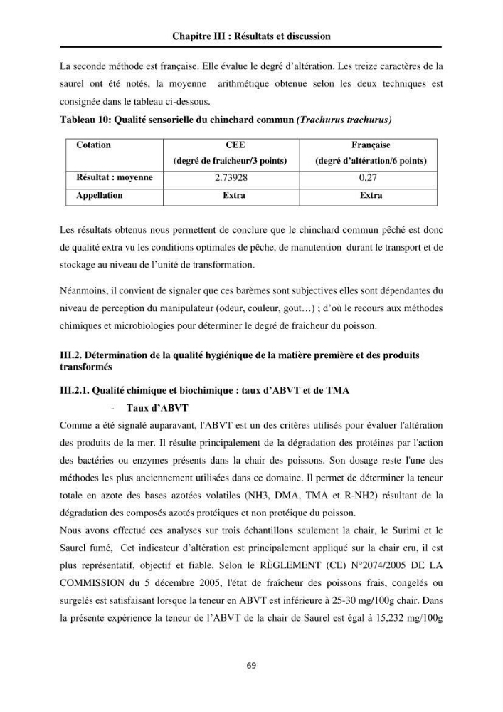 Contribution à la valorisation du Chinchard commun Trachurus trachurus ( L innée, 1758) et évaluation de la qualité organoleptique,hygiénique et nutritionnelle: