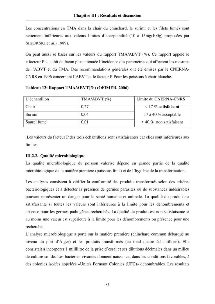 Contribution à la valorisation du Chinchard commun Trachurus trachurus ( L innée, 1758) et évaluation de la qualité organoleptique,hygiénique et nutritionnelle: