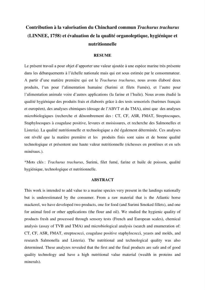 Contribution à la valorisation du Chinchard commun Trachurus trachurus ( L innée, 1758) et évaluation de la qualité organoleptique,hygiénique et nutritionnelle: