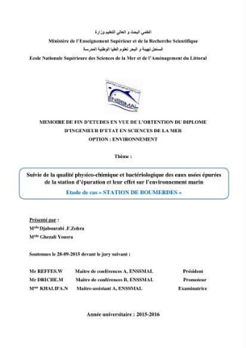 Suivi de la qualité physico-chimique et bacteriologique des eaux usées épurées de la station d'épuration et leur effet sur l'environnement marin Suivi de la qualité physico-chimique et bacteriologique des eaux usées épurées de la station d'épuration et leur effet sur l'environnement marin