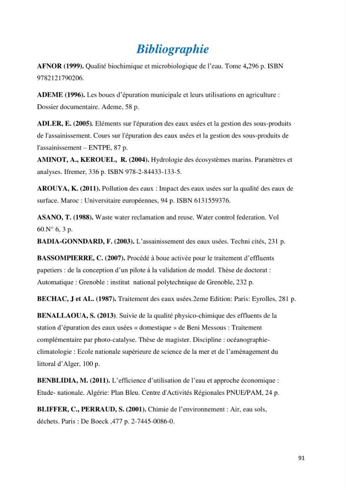 Suivi de la qualité physico-chimique et bacteriologique des eaux usées épurées de la station d\'épuration et leur effet sur l\'environnement marin