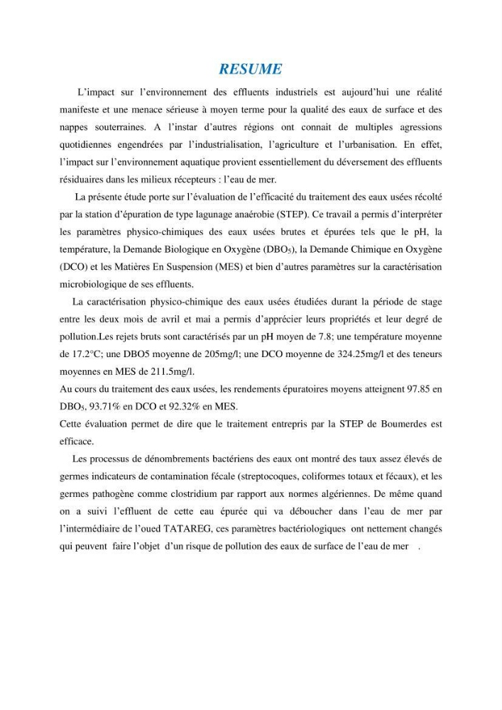 Suivi de la qualité physico-chimique et bacteriologique des eaux usées épurées de la station d\'épuration et leur effet sur l\'environnement marin