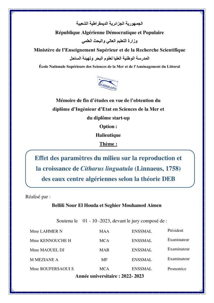 Effet des paramètres du milieu sur la reproduction et la croissance de citharus linguatula (Linnaeus, 1758 ) des eaux centre algériennes selon la théorie DEB