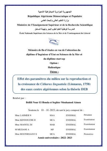 Effet des paramètres du milieu sur la reproduction et la croissance de citharus linguatula (Linnaeus, 1758 ) des eaux centre algériennes selon la théorie DEB Effet des paramètres du milieu sur la reproduction et la croissance de citharus linguatula (Linnaeus, 1758 ) des eaux centre algériennes selon la théorie DEB