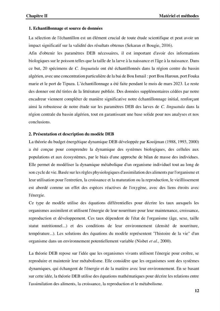 Effet des paramètres du milieu sur la reproduction et la croissance de citharus linguatula (Linnaeus, 1758 ) des eaux centre algériennes selon la théorie DEB