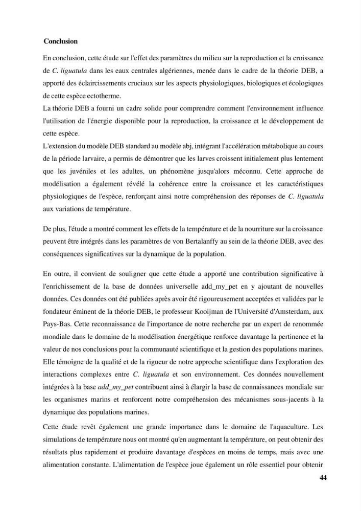 Effet des paramètres du milieu sur la reproduction et la croissance de citharus linguatula (Linnaeus, 1758 ) des eaux centre algériennes selon la théorie DEB