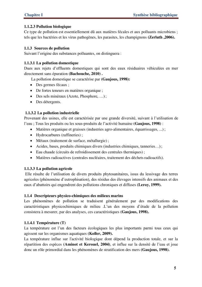 Les paramètres physico-chimiques de l\'eau de mer et de sédiment de la plage ouest de Sidi-Fredj