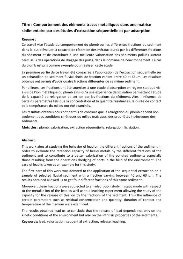 Comportement des éléments traces métallique dans une matrice sédimentaire par des études d\'extration séquentielle et par adsorption