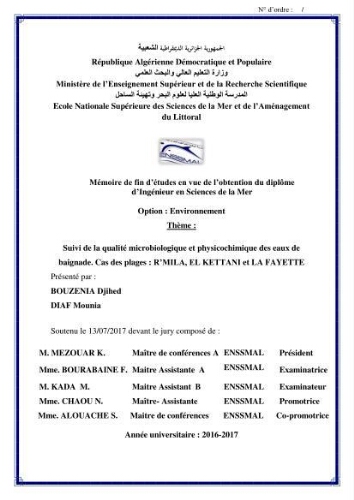 Suivi de la qualité microbiologique et physicochimique des eaux de baignade. Suivi de la qualité microbiologique et physicochimique des eaux de baignade.