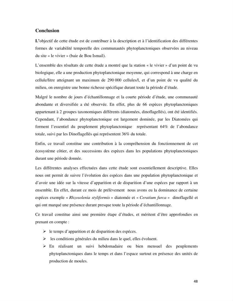Contribution à l\'étude qualitative, quantitative et structurelle des populations de phytoplancton de la baie de Bou-Ismail cas du site \"le vivier\"