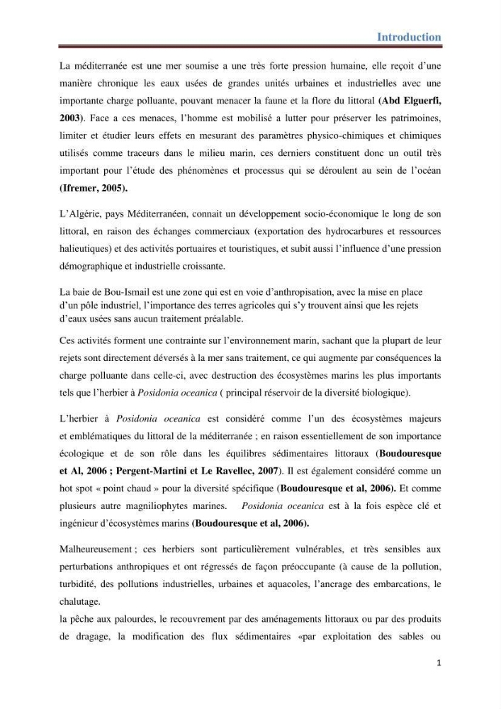 Contribution a l’étude de l’évolution de l’herbier à Posidonie (Posidonia oceanica) sous l’effet de la pression anthropique dans la baie de Bou-Ismail à Alger