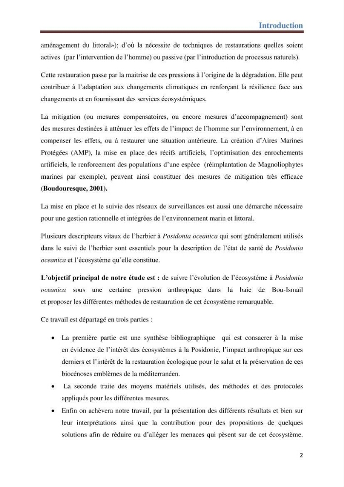 Contribution a l’étude de l’évolution de l’herbier à Posidonie (Posidonia oceanica) sous l’effet de la pression anthropique dans la baie de Bou-Ismail à Alger