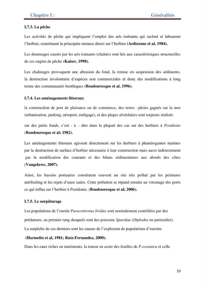 Contribution a l’étude de l’évolution de l’herbier à Posidonie (Posidonia oceanica) sous l’effet de la pression anthropique dans la baie de Bou-Ismail à Alger