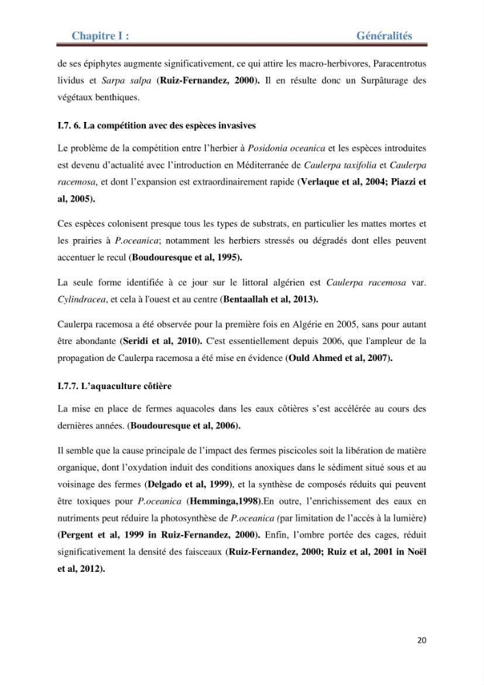 Contribution a l’étude de l’évolution de l’herbier à Posidonie (Posidonia oceanica) sous l’effet de la pression anthropique dans la baie de Bou-Ismail à Alger