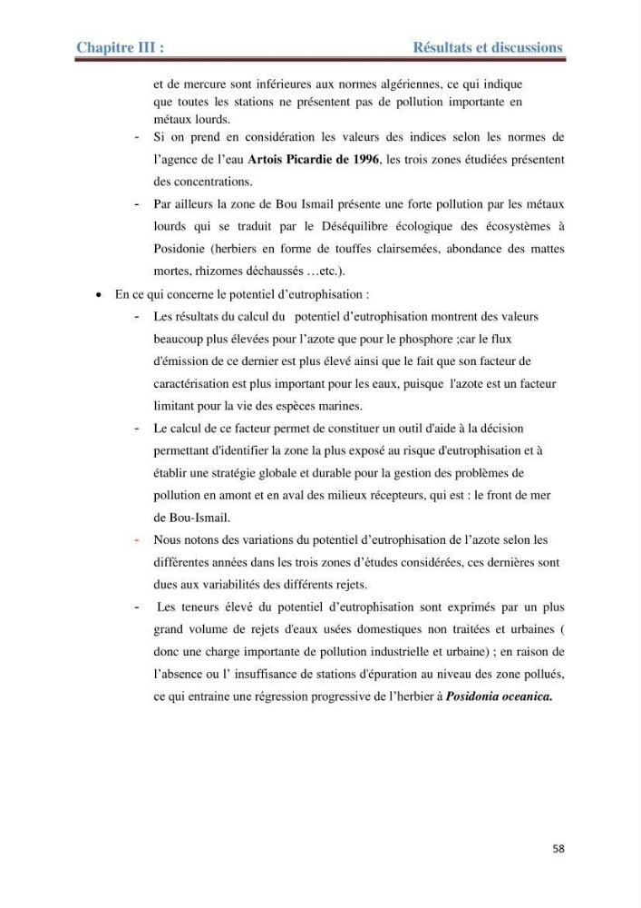 Contribution a l’étude de l’évolution de l’herbier à Posidonie (Posidonia oceanica) sous l’effet de la pression anthropique dans la baie de Bou-Ismail à Alger
