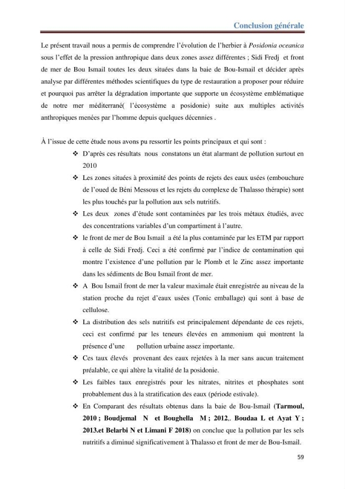 Contribution a l’étude de l’évolution de l’herbier à Posidonie (Posidonia oceanica) sous l’effet de la pression anthropique dans la baie de Bou-Ismail à Alger