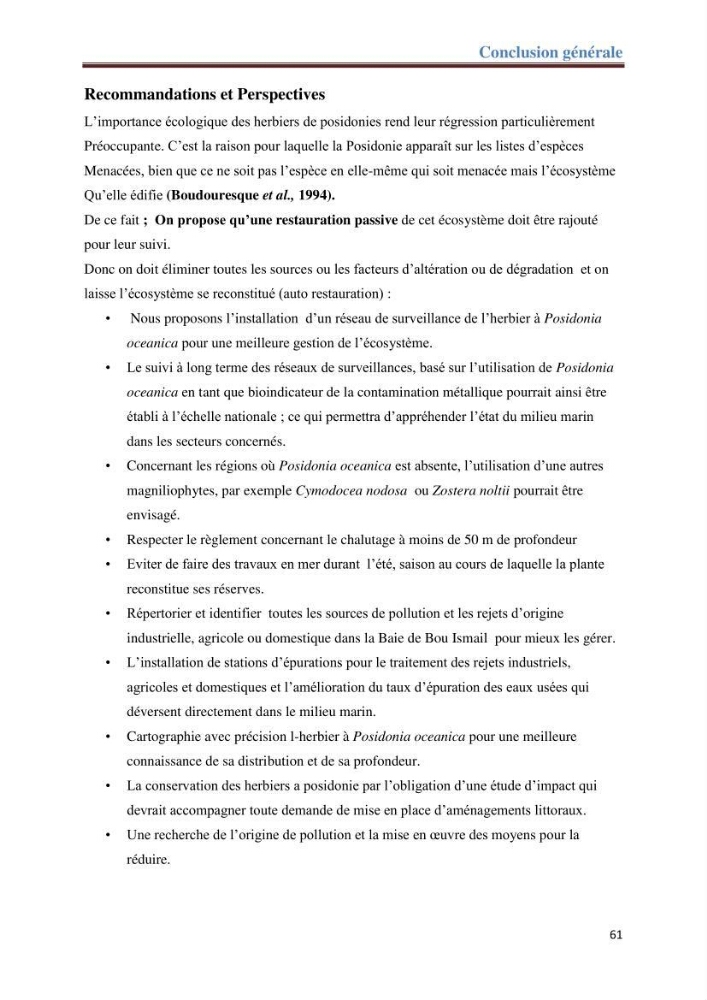 Contribution a l’étude de l’évolution de l’herbier à Posidonie (Posidonia oceanica) sous l’effet de la pression anthropique dans la baie de Bou-Ismail à Alger