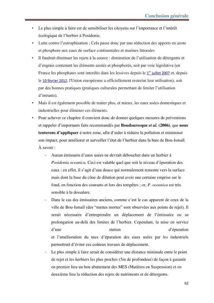 Contribution a l’étude de l’évolution de l’herbier à Posidonie (Posidonia oceanica) sous l’effet de la pression anthropique dans la baie de Bou-Ismail à Alger