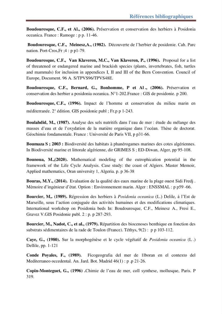 Contribution a l’étude de l’évolution de l’herbier à Posidonie (Posidonia oceanica) sous l’effet de la pression anthropique dans la baie de Bou-Ismail à Alger