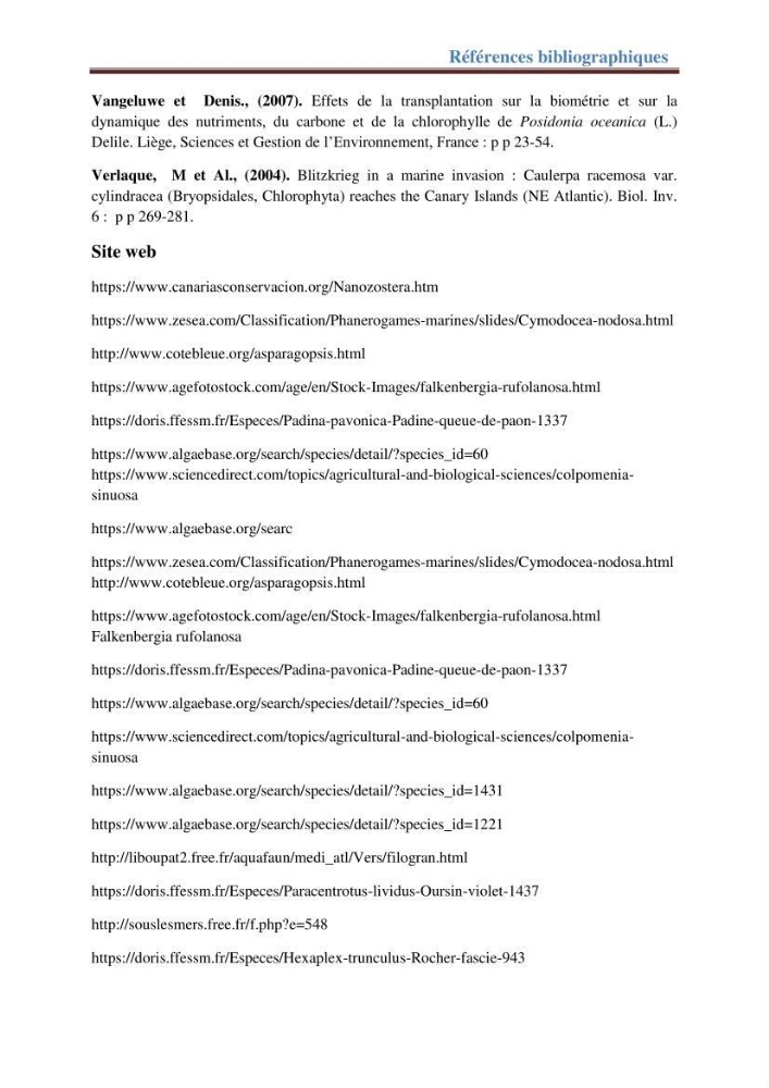 Contribution a l’étude de l’évolution de l’herbier à Posidonie (Posidonia oceanica) sous l’effet de la pression anthropique dans la baie de Bou-Ismail à Alger
