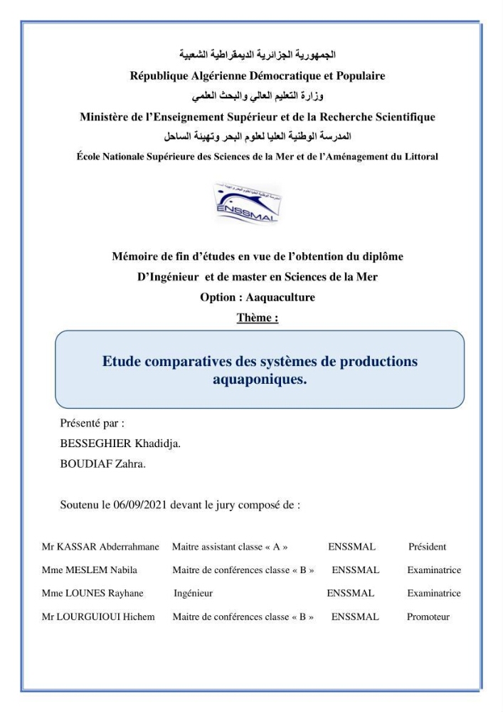 Etude Comparatives Des Systémes de porductions aquaponiques :