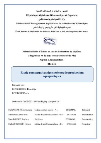 Etude Comparatives Des Systémes de porductions aquaponiques : Etude Comparatives Des Systémes de porductions aquaponiques :