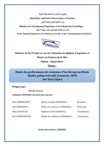 Etude des performances de croissance d'un élevage myliticole mytilus galloprovincialis ( Lamarck,1819) Ain Taya (Alger) Etude des performances de croissance d'un élevage myliticole mytilus galloprovincialis ( Lamarck,1819) Ain Taya (Alger)